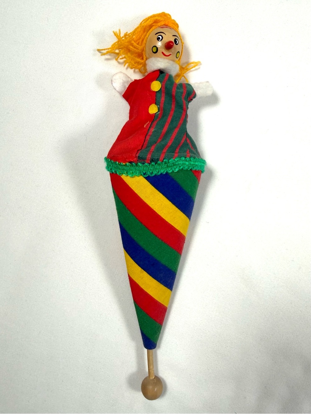 VINTAGE‎ Clown Cone Puppet Toy Rainbow Fabric Wooden Head Retro Carnival Toy 70s